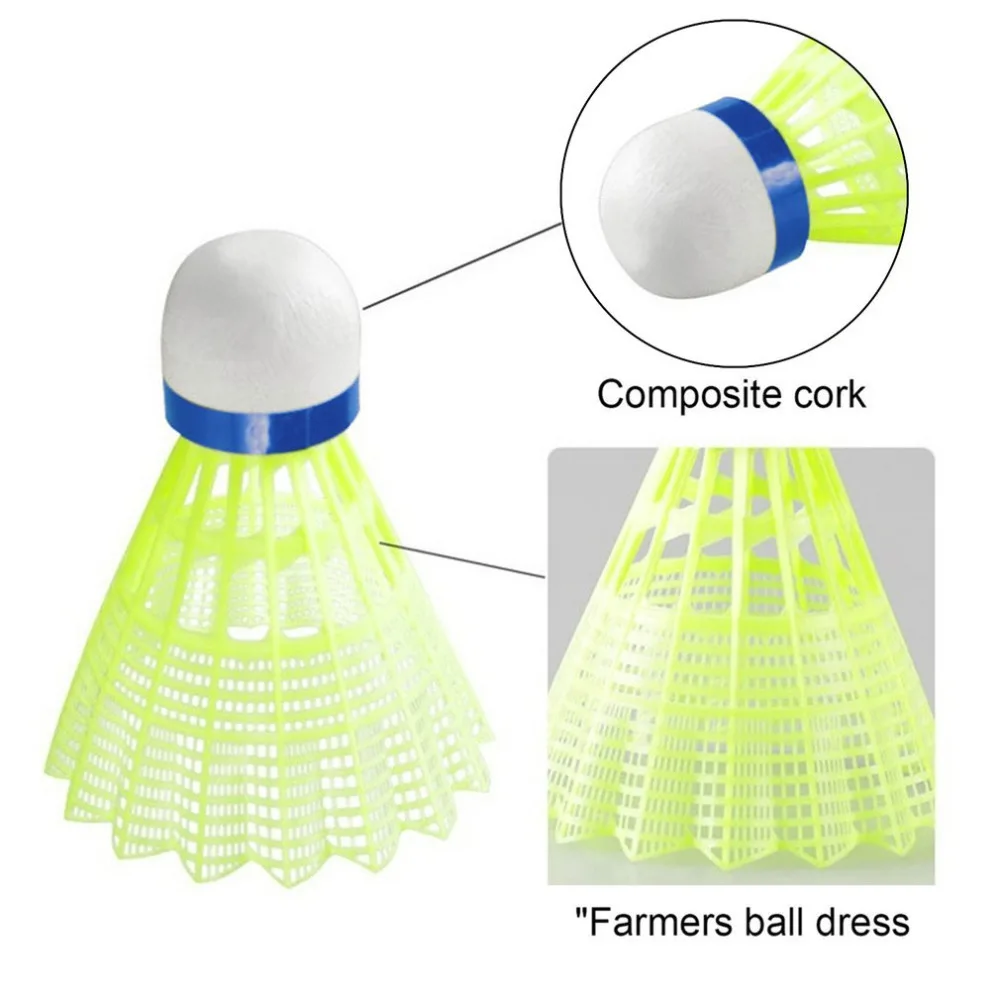 Super resistente y ligero de plástico amarillo/blanco nylon Bádminton entrenamiento pelota de plástico de transporte corcho cabeza de bola de madera gota shippi