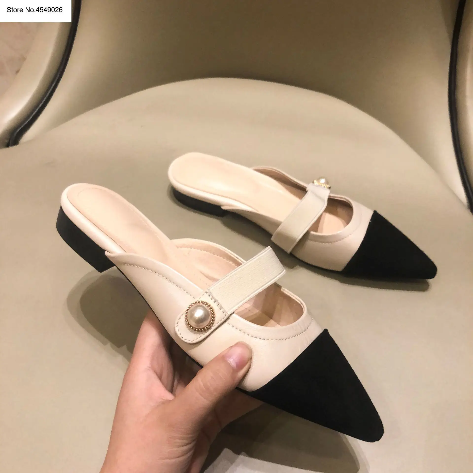 

2019 Summer Slippers Women Women Shoes Slip-on Pearl Lazy Women Slipper H Brand Genuine Leather Color Matching Mixed Colors