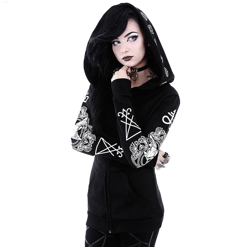  Gothic Punk Print Hoodies Sweatshirts Women Long Sleeve Jacket Zipper Coat Autumn Winter Female Cas