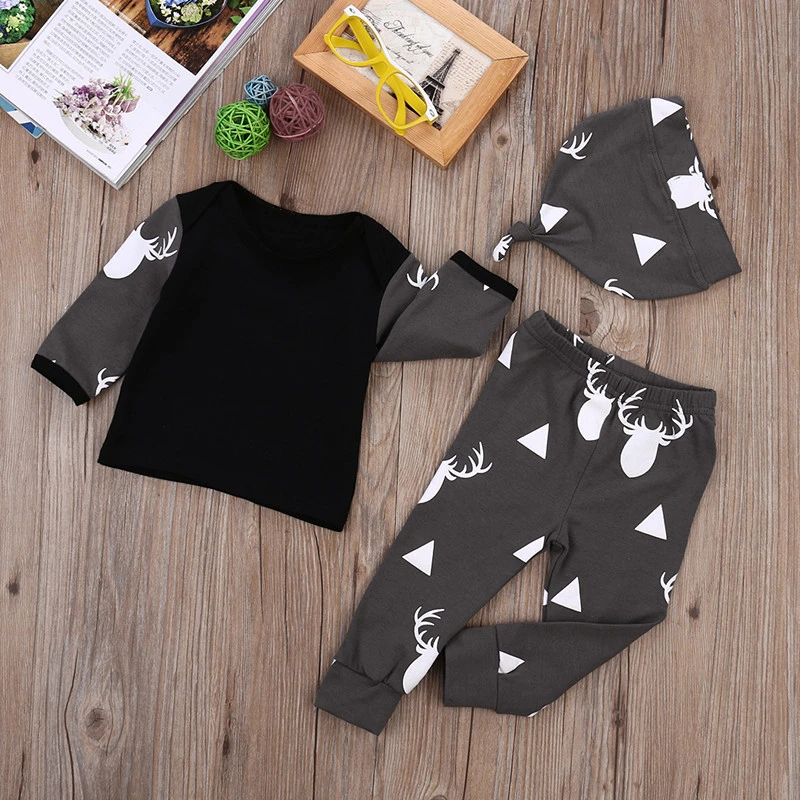 Милая одежда для новорожденного топы с рисунком в виде оленя осенний комплект одежды из 3 предметов: майки с длинным рукавом штанишек и шапочки