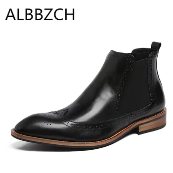 

Pointe toe men boots fashion carving designer slip on genuine leather work boots business dress ankle boots weddingshoes size 44