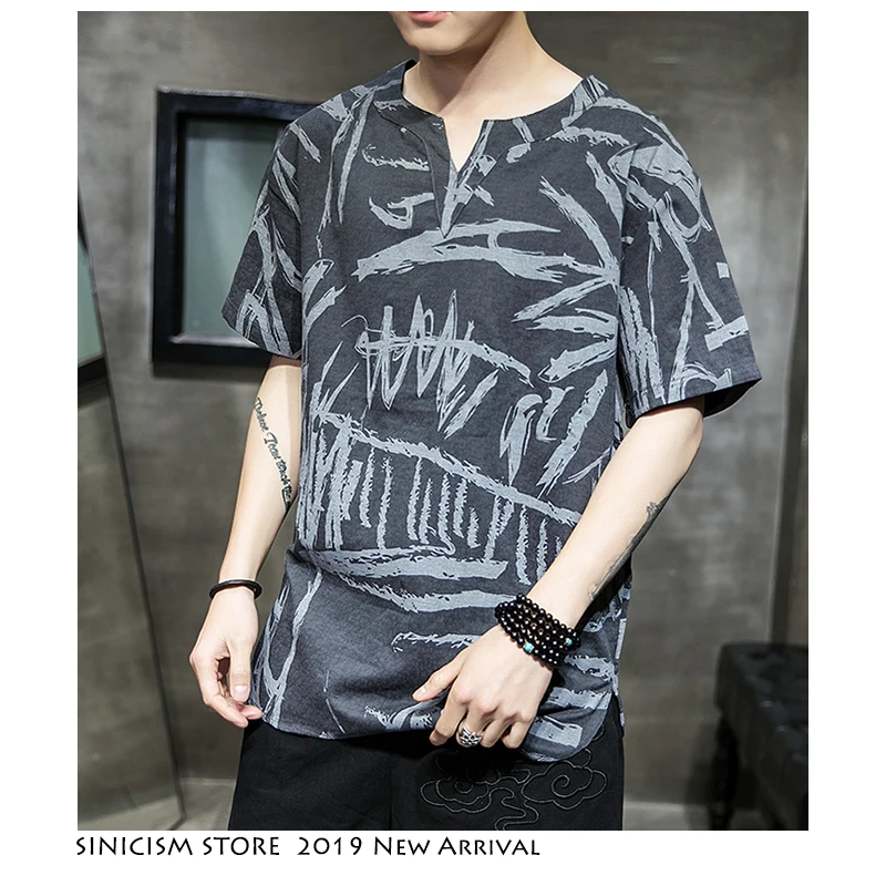 Магазин Sinicism мужские летние футболки мужские повседневные уличные мужские футболки китайский стиль мужские хлопковые льняные футболки с v-образным вырезом 5XL
