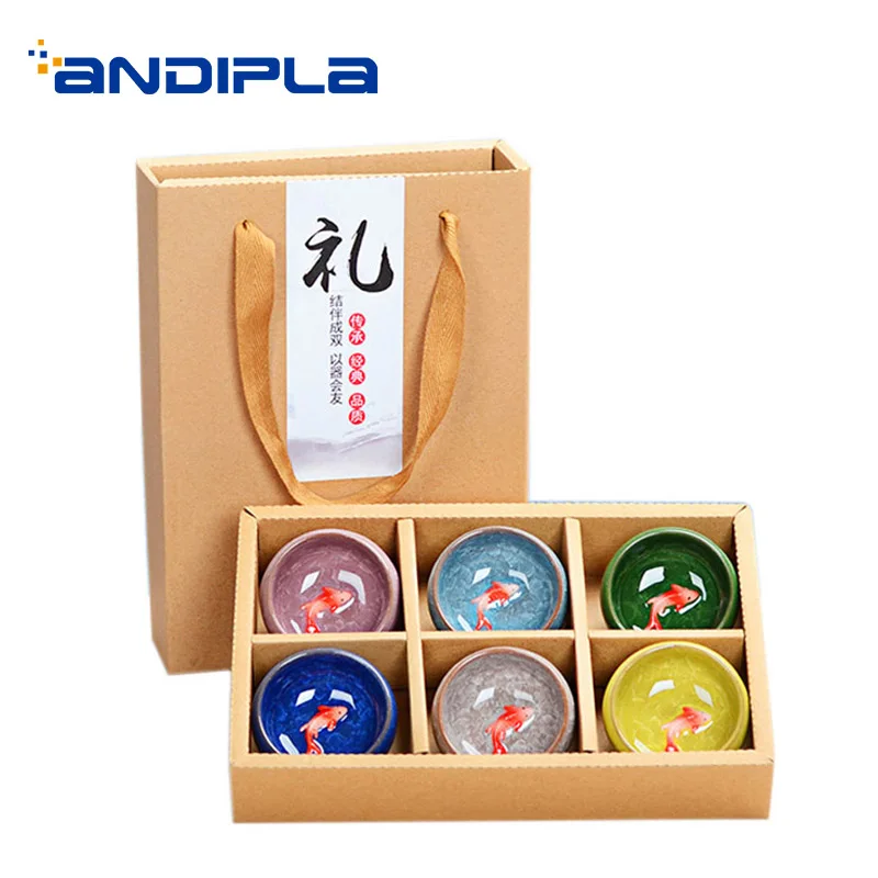 

Gift Package Creative Ice Cracked Glaze Ceramic 6pcs Teacups Handmade Embossed Fish Puer Cups Master Sake Mini Bowls Sent Friend
