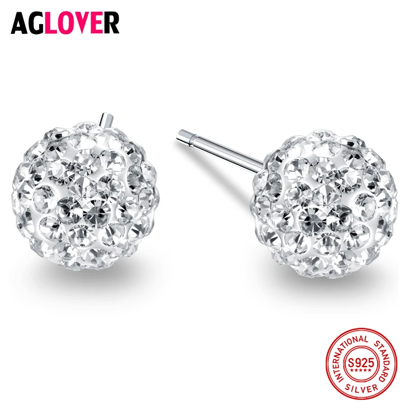 

2018 New Real 925 Sterling Silver Stud Earrings Round Zircon CZ Fashion Jewelry Crystal Earrings for Women Men