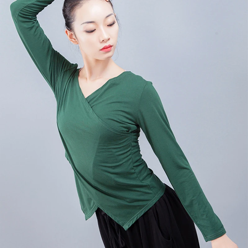 

dance top long sleeve cotton dance T shirt for women asymmetric lyrical ballet crop tops ballerina dancewear