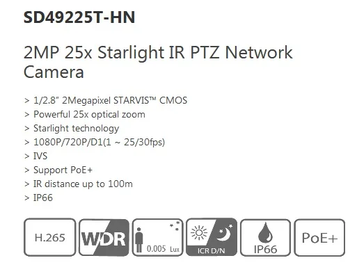 Dahua SD49225T-HN 2MP H.265 25x Starlight IR 100 м PTZ сетевая камера WDR POE+ IP66 слот для sd-карты DH-SD49225T-HN PTZ ip-камера