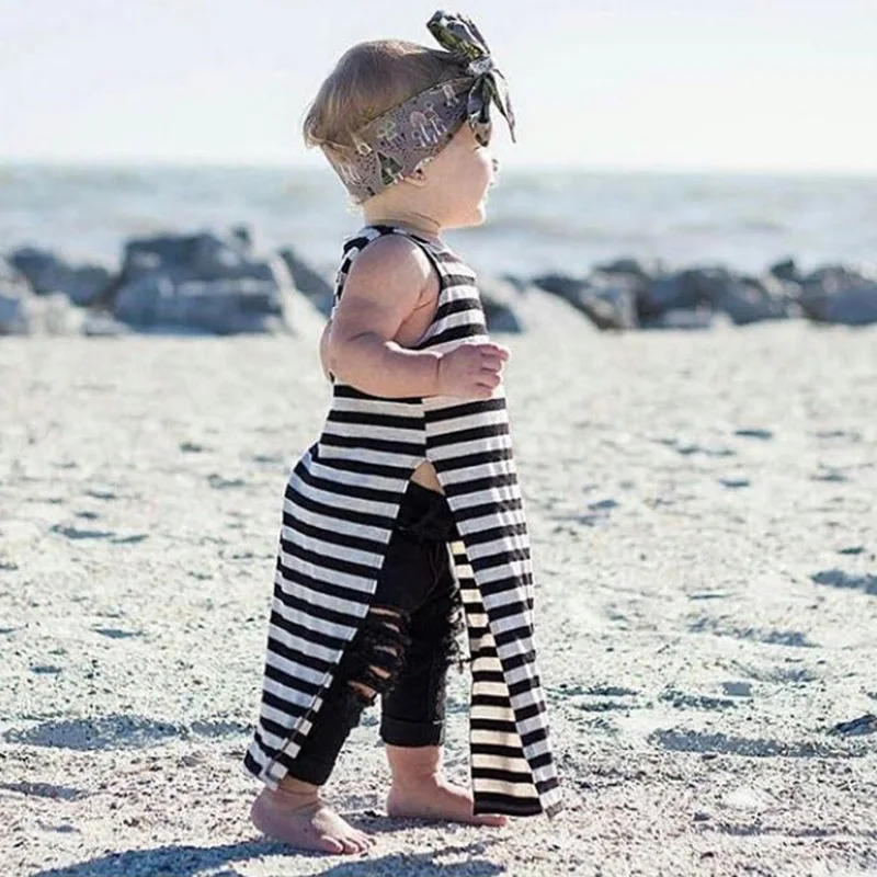 

European and American style wholesale hot seller high open dot striped fashion long vest dress for girls