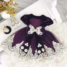 Новинка года, фиолетовые бархатные платья на выпускной с аппликацией и кружевами для малышей, платья с рукавами для первого дня рождения