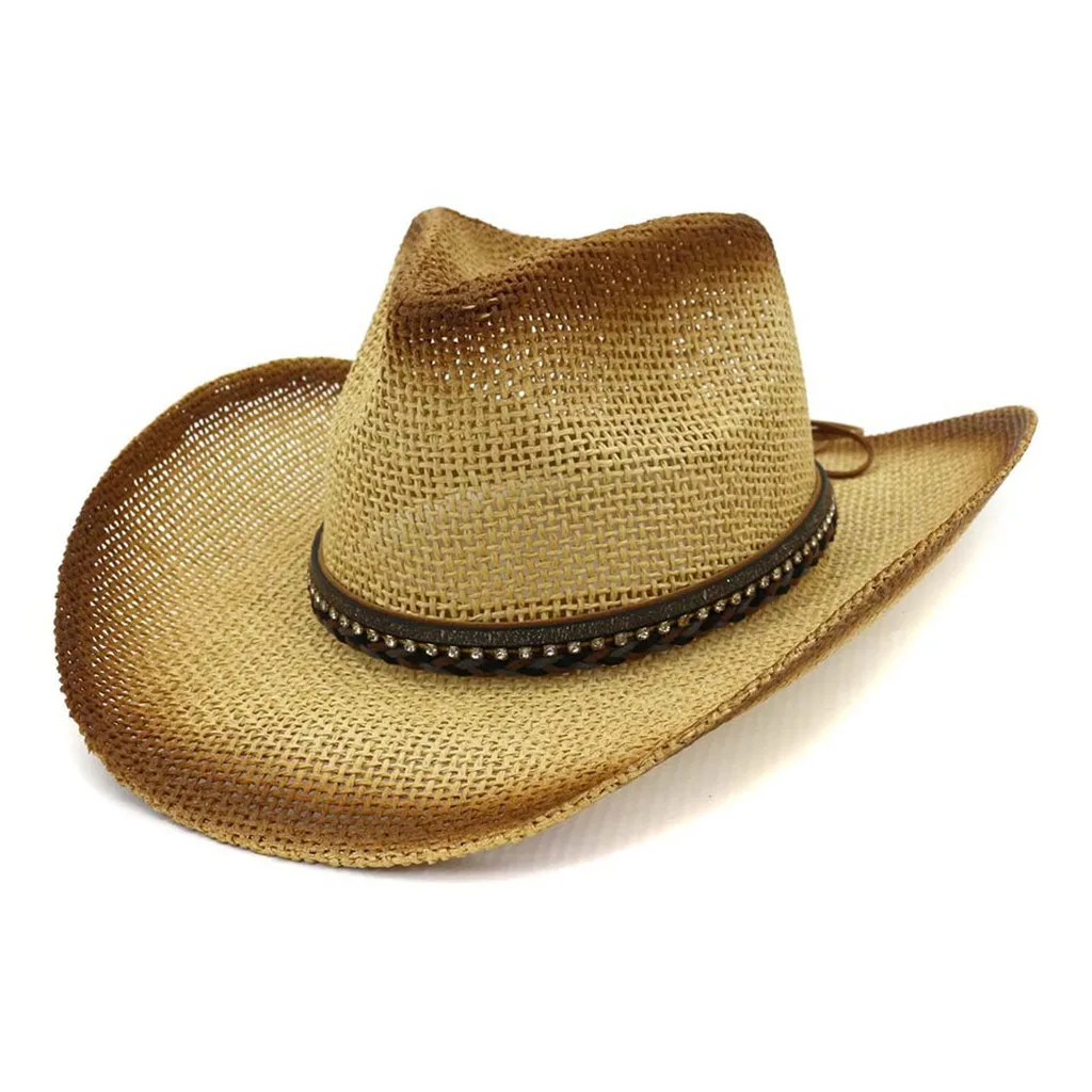 Западная ковбойская шляпа от солнца для мужчин ковбойская летняя шляпа для женщин женская соломенная шляпа с сплавом бисер с перьями пляжная кепка Панама# Zer - Цвет: Khaki