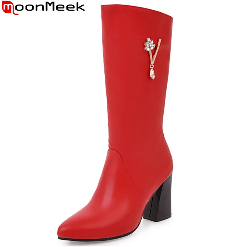 

MoonMeek fashion autumn winter new arrive women boots red black white pointed toe ladies boots crystal mid calf boots