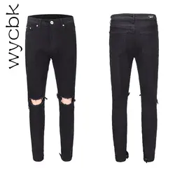 Wycbk новые модные мужские черные скинни Slim Fit Джинсы Проблемные Ripped Destroyed отверстия Джинсовые штаны