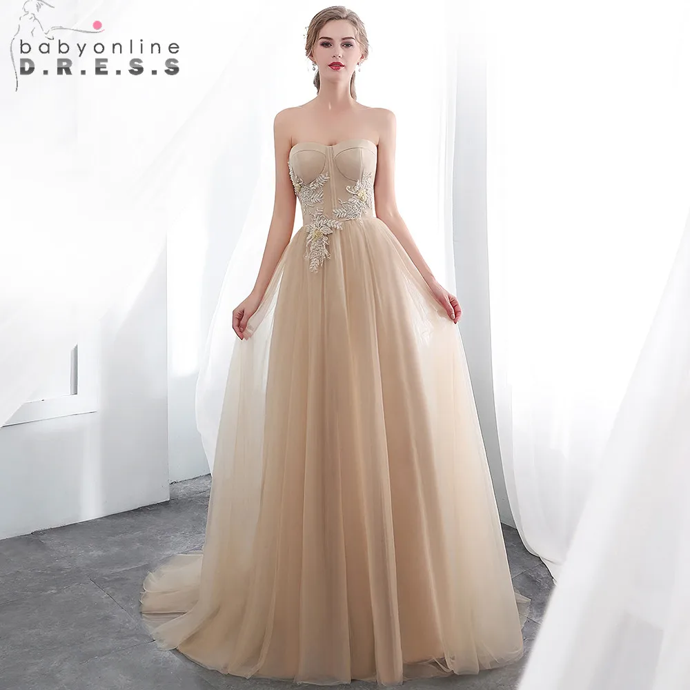 

2019 Robe de Soiree Longue Beaded Appliques Strapless Evening Dress Champagne Tulle Evening Dresses Long Evening Gown Prom Dress