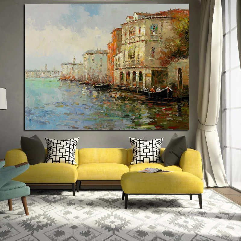 HD Print Abstract Venice Resorts Seascape Oil Painting on Canvas Modern Boat Landscape Poster Art Wall Picture for Living Room