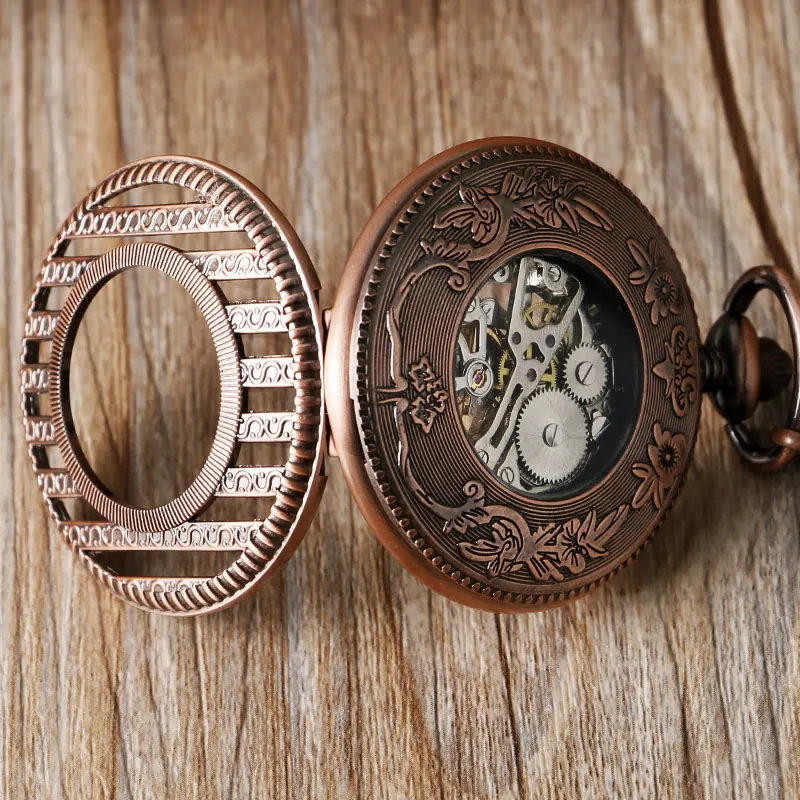 Creative Stripe Hollow Cover Mechanical Pocket Watch Winding Up Steampunk Nurse Clock Luxury Rose Color Gift Item for Men Women 2017 2018 (5)