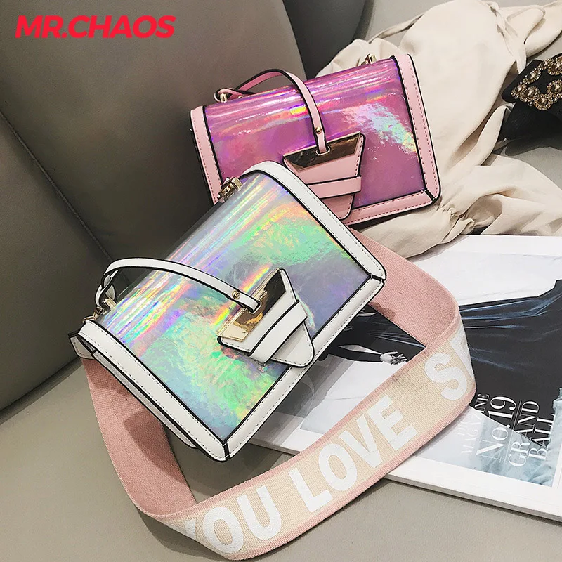

New laser mirror bag ladies 2018 trendy wild Messenger shoulder chain small square package with Letter wide shoulder strap