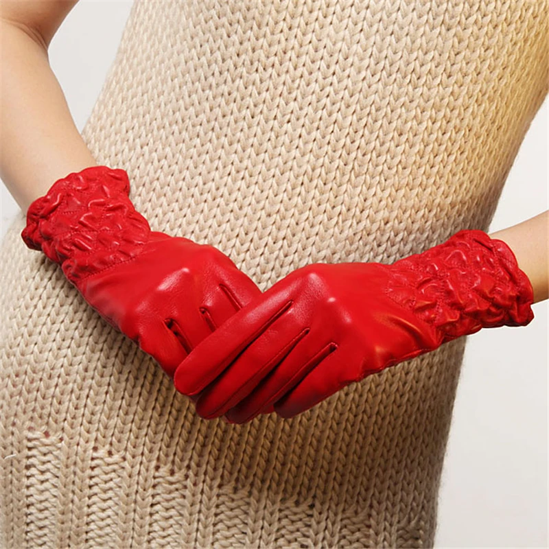 Новые женские перчатки из натуральной кожи зимние теплые эластичные модные перчатки из овчины для вождения ограничено по времени L054NC