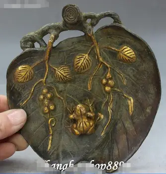 

Old Chinese Bronze Gilt Carving Frog Fruit Leaf Leafs Shape Statue Tray Salver