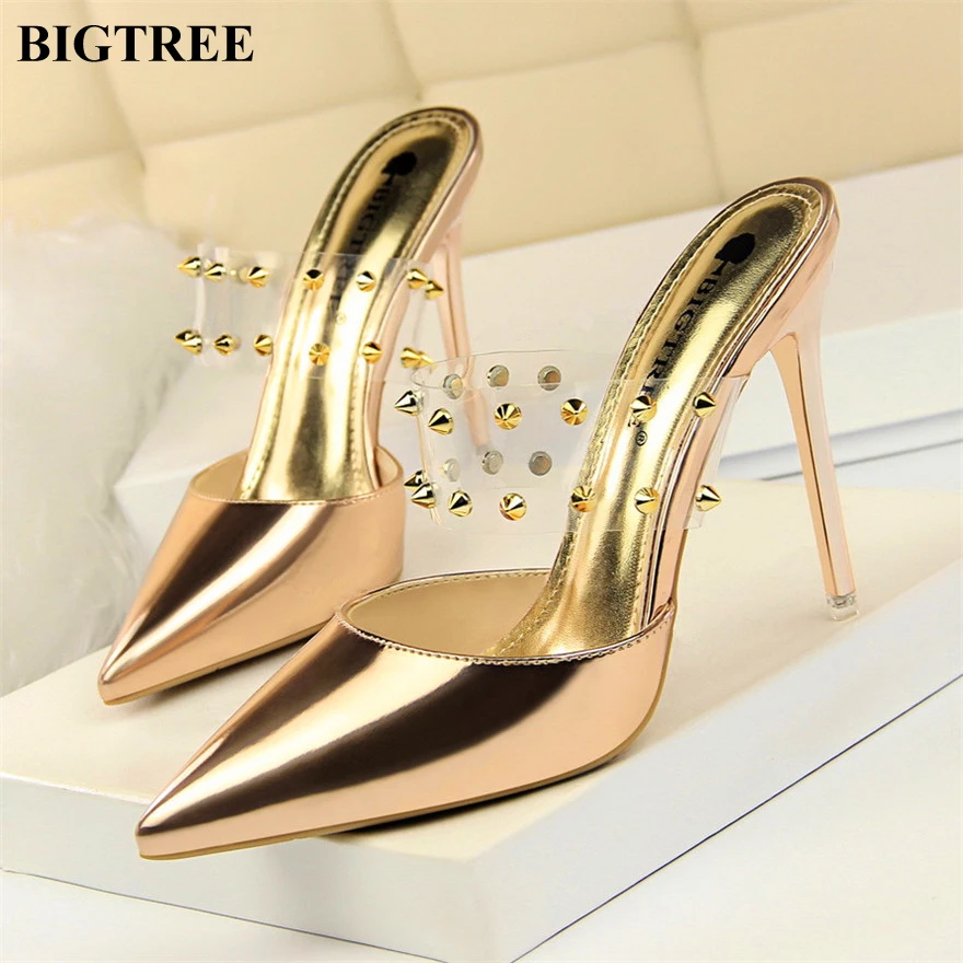 

Champagne Patent Leather Female High Heel Shallow Shoes Women's Fashion Metal Rivet Transparent A-word Band Point Slippers Women
