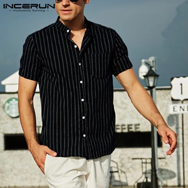INCERUN Повседневная Базовая рубашка мужская с коротким рукавом, блузка со стоячим воротником, Блузка Camisa, брендовая деловая рубашка, уличная