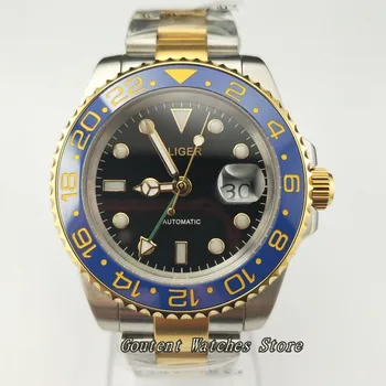 

40mm Bliger GMT Silver SS. Yellow Gold Case Bracelet Black Dial Steel Automatic Men's Watch