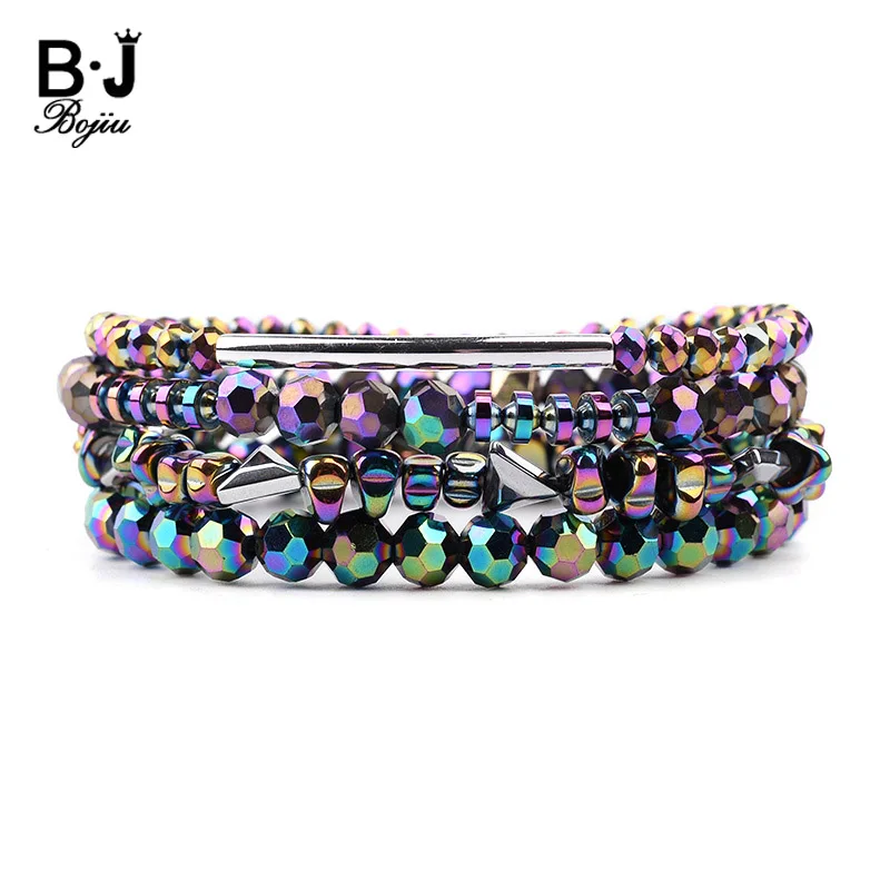 

BOJIU 4 Pcs/Set Bohemian Elastic Colorful Hematite Crystal Bracelets Women Handmade Silver Copper Tube Beaded Bracelet BCSET229