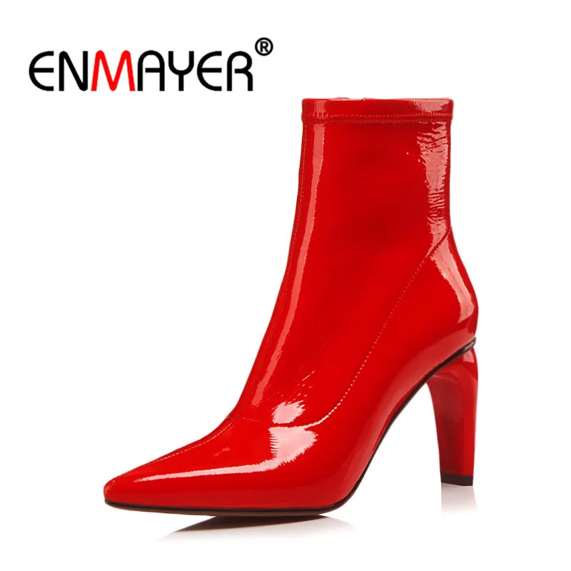 

ENMAYER Women Ankle Boots Size 34-39 Causal High Heels Thick Heels Fashion Boots Round Toe Flock Shoes woman Zipper Gray CR980