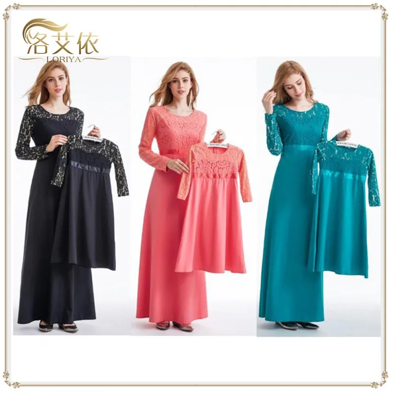 

New Muslim Style Mother Daughter Dresses Mom Mummy and Kids Gown Lace Dress Muslim Ramadan Quality Robes Family Mathing Outfits