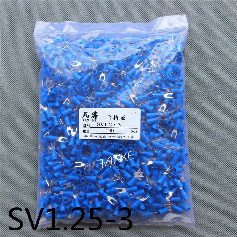 

1000pcs SV1.25-3 Pre insulated cold pressed terminals Furcate Y/U shape wire crimp terminals Brass for AWG22-16 Thickness 0.5MM