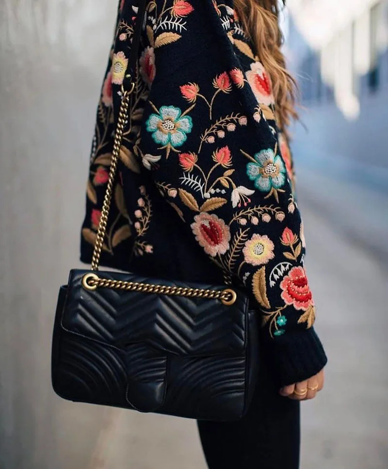 

WISHBOP Navy Floral Embroidered Oversized Sweater ROUND Neck Long sleeves CROPPED Jumper Drop shoulder ALL OVER Embroidery