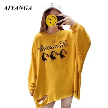 

AIYANGA 2018 Autumn Casual Women Hoodies Outerwear Bat Long Sleeve Pullovers Big Size Loose Hole Print Letter Medium Long Tops