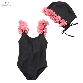 

Baby girls swimsuit infant toddler kids children Halter Flowers one piece swimwear + swim hat spa beach clothing