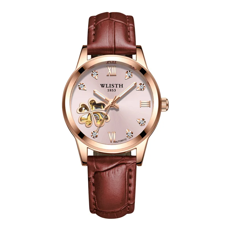 Перспектива Светящиеся женские часы люксовый бренд модные повседневные женские часы платье полый Скелет автоматические механические часы - Цвет: Brown Pink Dial