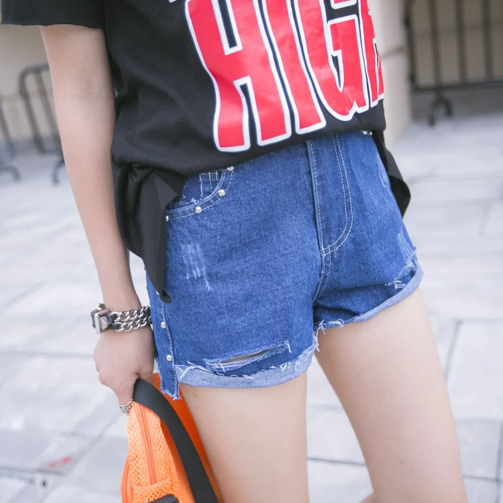 Summer rivet hole midsweet roll up hem slim all match high waist denim PANT female