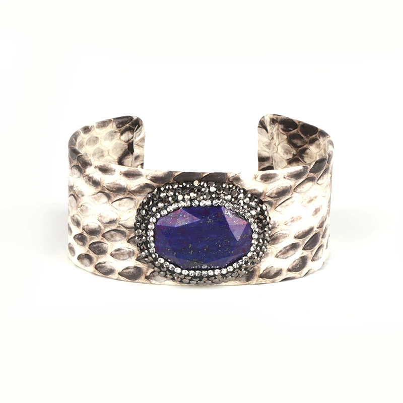 

Паве Стразы Овальный Темно-Синий Лазурит каменная бусина Шарм Регулируемая серая кожа широкая обернутая Открытый браслет манжета для женщин