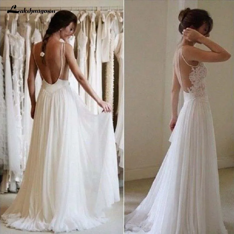 

Fairy Chiffon Lace Long Wedding Dresses 2019 Summer Beach Wedding Dresses A Line Spaghetti Straps Backless Bridal Gown