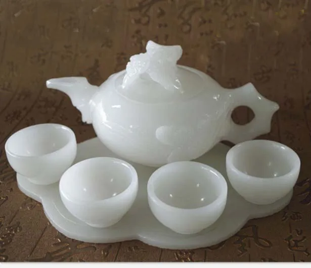 

A set 2019 HOME OFFICE Company TOP Business Decorative Collection White Jade Teapot Cups Hand carving statue BEST present gift