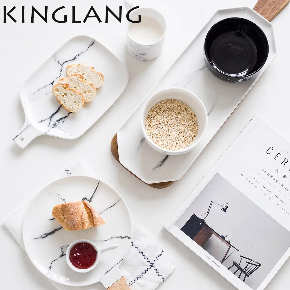 KINGLANG Western Design Ceramic Steak Plate with Wooden Handle Ceramic Marble Dinnerware Collection High Quality Dish Plates
