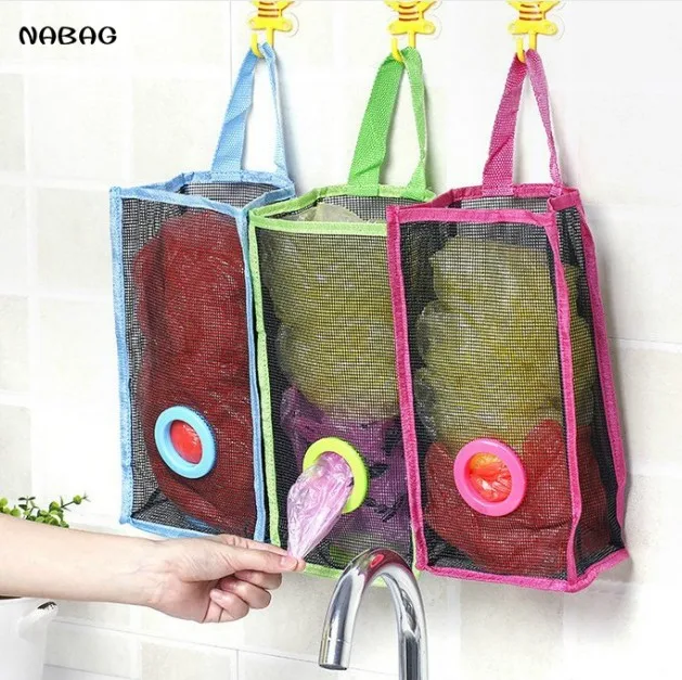 

NABAG 1PC Hanging Trash Storage Bag Mesh Grocery Bag Dispenser Kitchen Bathroom Garbage Organizer Holder Recycling Container Bag