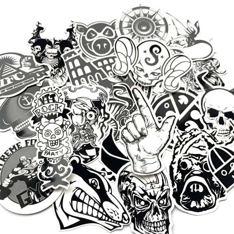 

New 60 PCS Black and White Sticker Skateboard Graffiti Decal Toy Laptop Bicycle Motorcycle Car Styling Doodle DIY Cool Stickers
