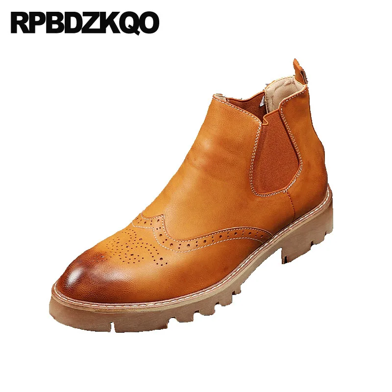 

British Style Yellow Men Slip On Casual Shoes Wingtip Booties Burgundy Waterproof Brogue Pointed Toe Ankle Chelsea Boots Chunky