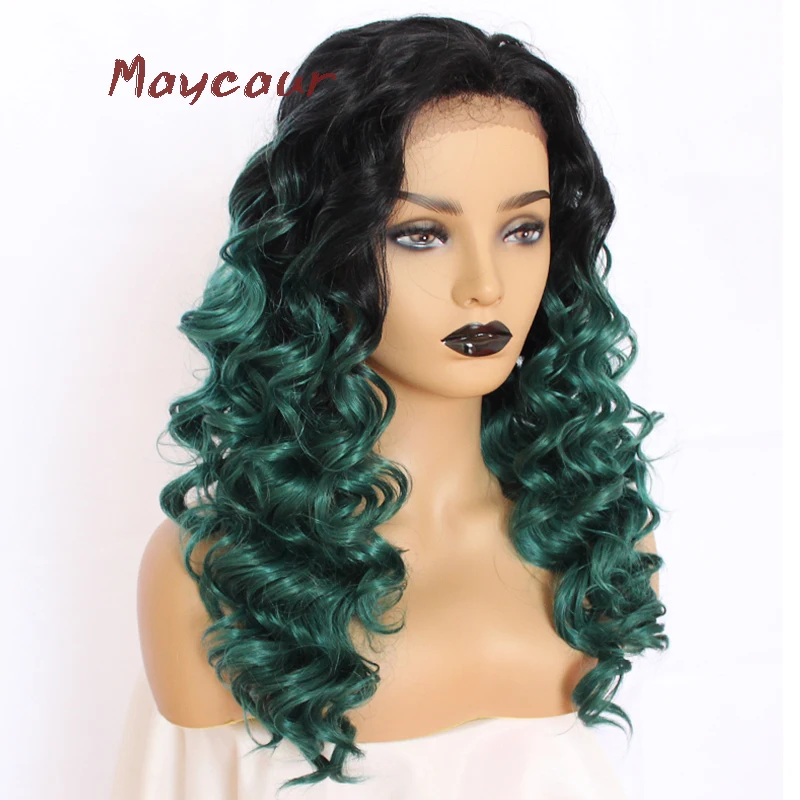 Kinky Curly Synthetic Lace Front Wig Free Part Ombre Green Long Natural
