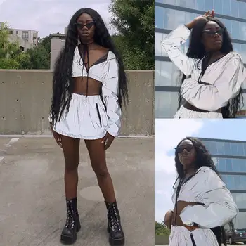 

Women Fashion Solid Reflective Hooded Long Zip Sleeve High Waist 1 x 1 x Crop 1 x Outfits Casual Top Mini Skirt