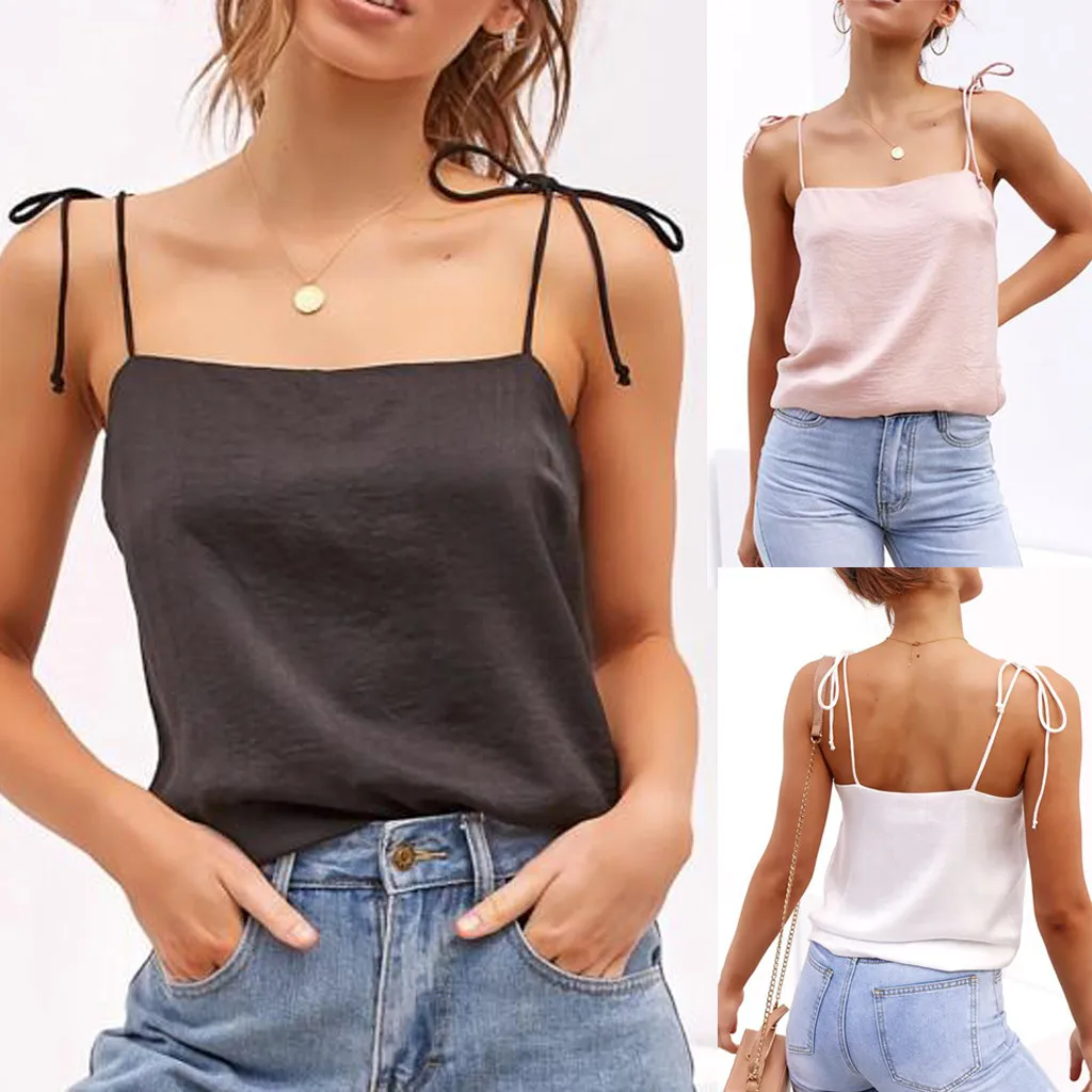 

Simple Ladies Tops Fashion Women Pure Color Bandage Camisole Vest Sexy Tops Easy Blouse camiseta tirantes mujer