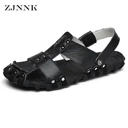 ZJNNK/Новые мужские пляжные сандалии из натуральной кожи, черные, белые, с заклепками, Мужская Летняя обувь, мягкая подошва, Нескользящая