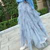 JSXDHK подиумная Асимметричная многослойная длинная юбка с оборками Весенняя серая сетка юбки с эластичной талией модные Boho высокие юбки для вечеринок - Цвет: Серый