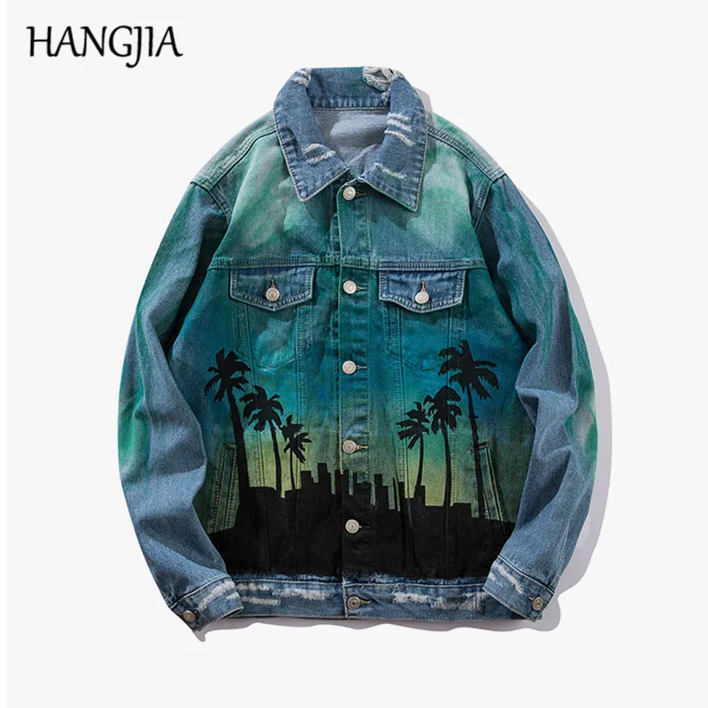 Men's Denim Jacket Streetwear Hip-hop Washed Destroyed Man Jacket Coconut Tree Print Loose Jacket Men's Spring Autumn Men's Denim Jacket Streetwear Hip-hop Washed Destroyed Man Jacket Coconut Tree Print Loose Jacket Men's Spring Autumn