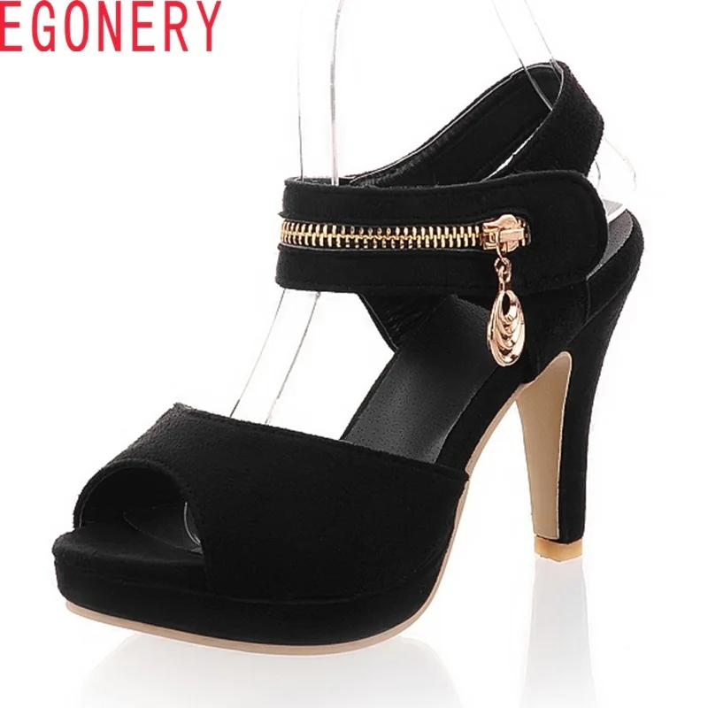 

EGONERY summer 2018 new super high thin heel platform sandals flock ankle-wrap hook and loop solid leisure zipper women shoes