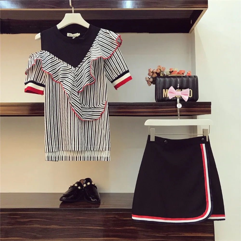 2018-Trendy-Summer-Women-Flouncing-Stripe-T-shirt-Slim-Skirt-2-pcs-sets-A056_