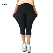 TUHAO летние джинсы Капри женские Стрейчевые винтажные джинсовые штаны с высокой талией женские джинсы размера плюс 7XL 6XL 5XL короткие джинсы YH08