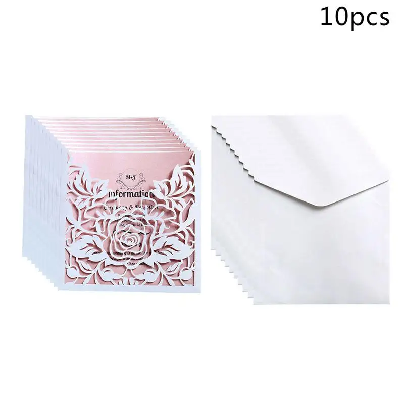  10pcs/lot Lace Pocket Wedding Invitations Cards Square Laser Cut Rose Flower Greeting Card Invitati - 32925603634